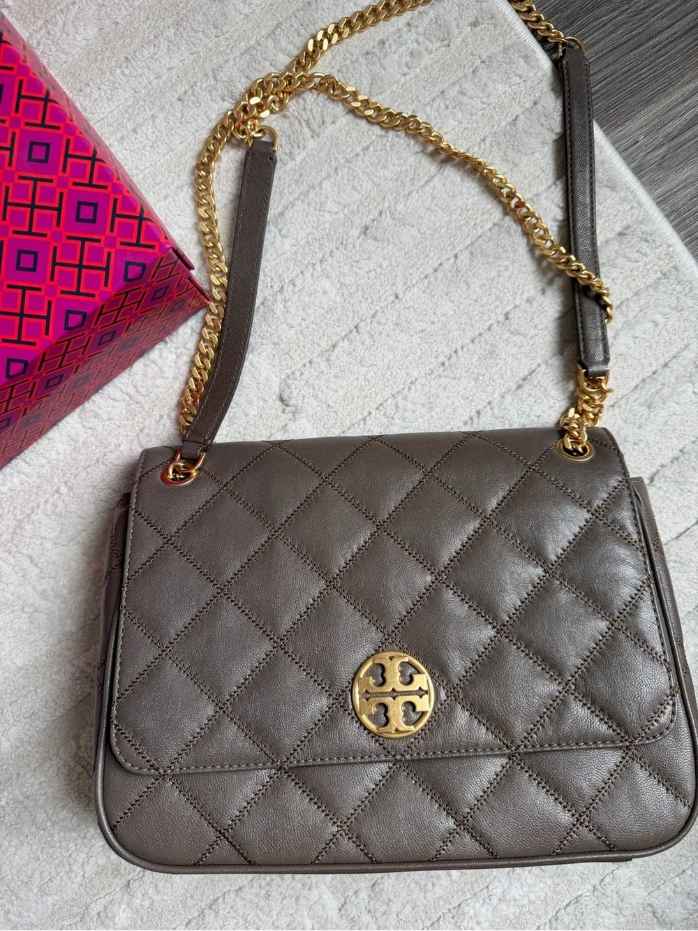 Tory Burch Quilted Leather Chain Shoulder Bag Taupe BRAND NEW NWT Retail 600$
